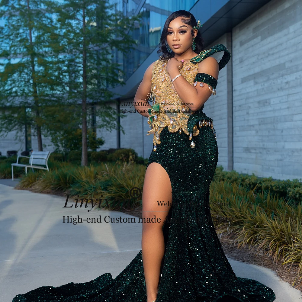 Sparkly Rhinestone Sequin Prom Dresses Glitter Mermaid Evening Party Gowns Customized Side Slit Sleeveless robe d'été femme
Sparkly Rhinestone Sequin Prom Dresses Glitter Mermaid Evening Party Gowns Customized Side Slit Sleeveless robe d'été femme