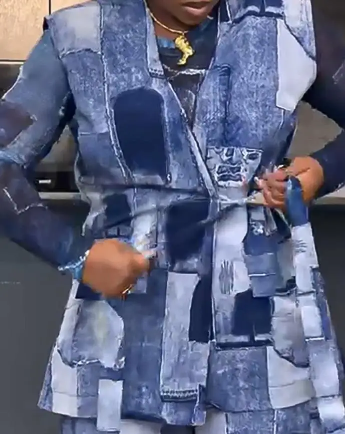 Women 3 Pieces Outfit Geometric Print Faux Denim Tied Detail Vest with Sheer Mesh Long Sleeve Shirt & Casual Wide Leg Pants Set
Women 3 Pieces Outfit Geometric Print Faux Denim Tied Detail Vest with Sheer Mesh Long Sleeve Shirt & Casual Wide Leg Pants Set
