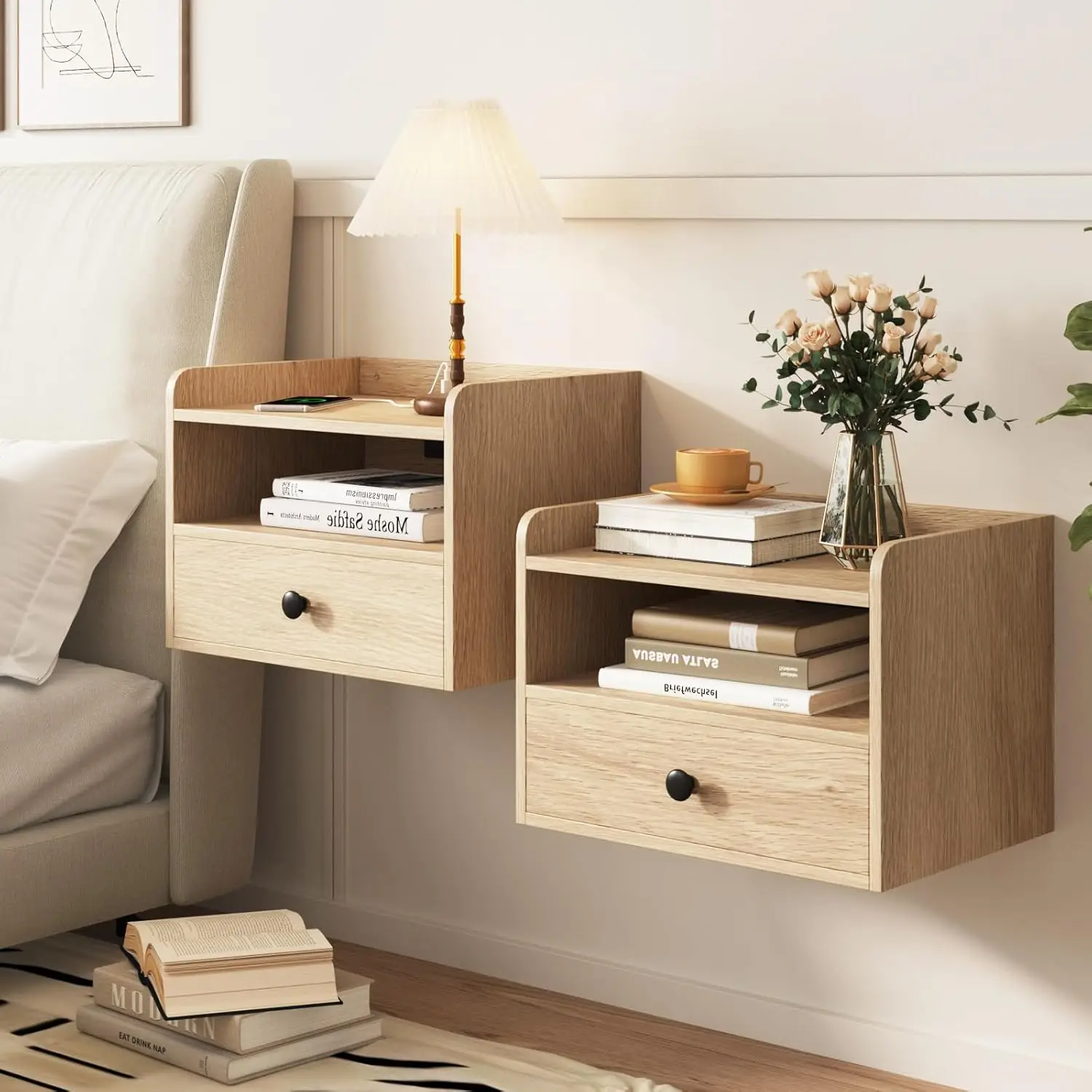 Floating Nightstand Set of 2 Modern Night Stands with Drawer and Open Shelf Cubby Small Bedside End Table with Charging Station
Floating Nightstand Set of 2 Modern Night Stands with Drawer and Open Shelf Cubby Small Bedside End Table with Charging Station