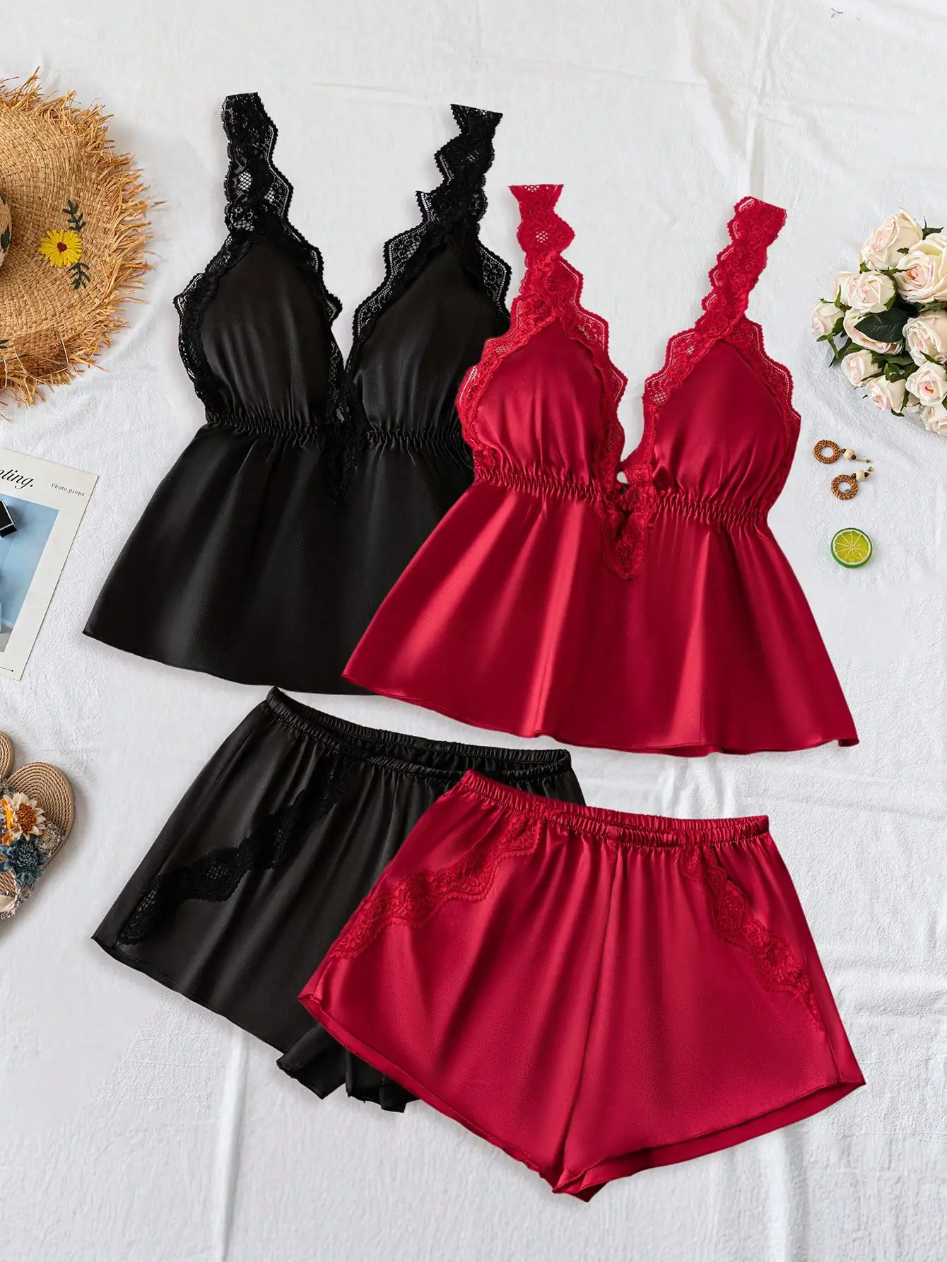 4-Piece Women's Satin Pajama Set with Deep V Lace Camisole and Shorts
4-Piece Women's Satin Pajama Set with Deep V Lace Camisole and Shorts