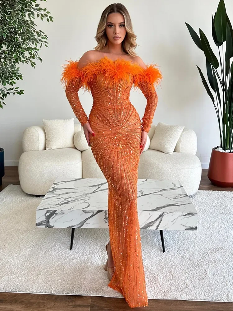 2024 Women Sexy Off Shoulder Mesh Sequins Feather Maxi Long Orange Bodycon Dress Elegant Party Evening Stage Performance Vestido
2024 Women Sexy Off Shoulder Mesh Sequins Feather Maxi Long Orange Bodycon Dress Elegant Party Evening Stage Performance Vestido