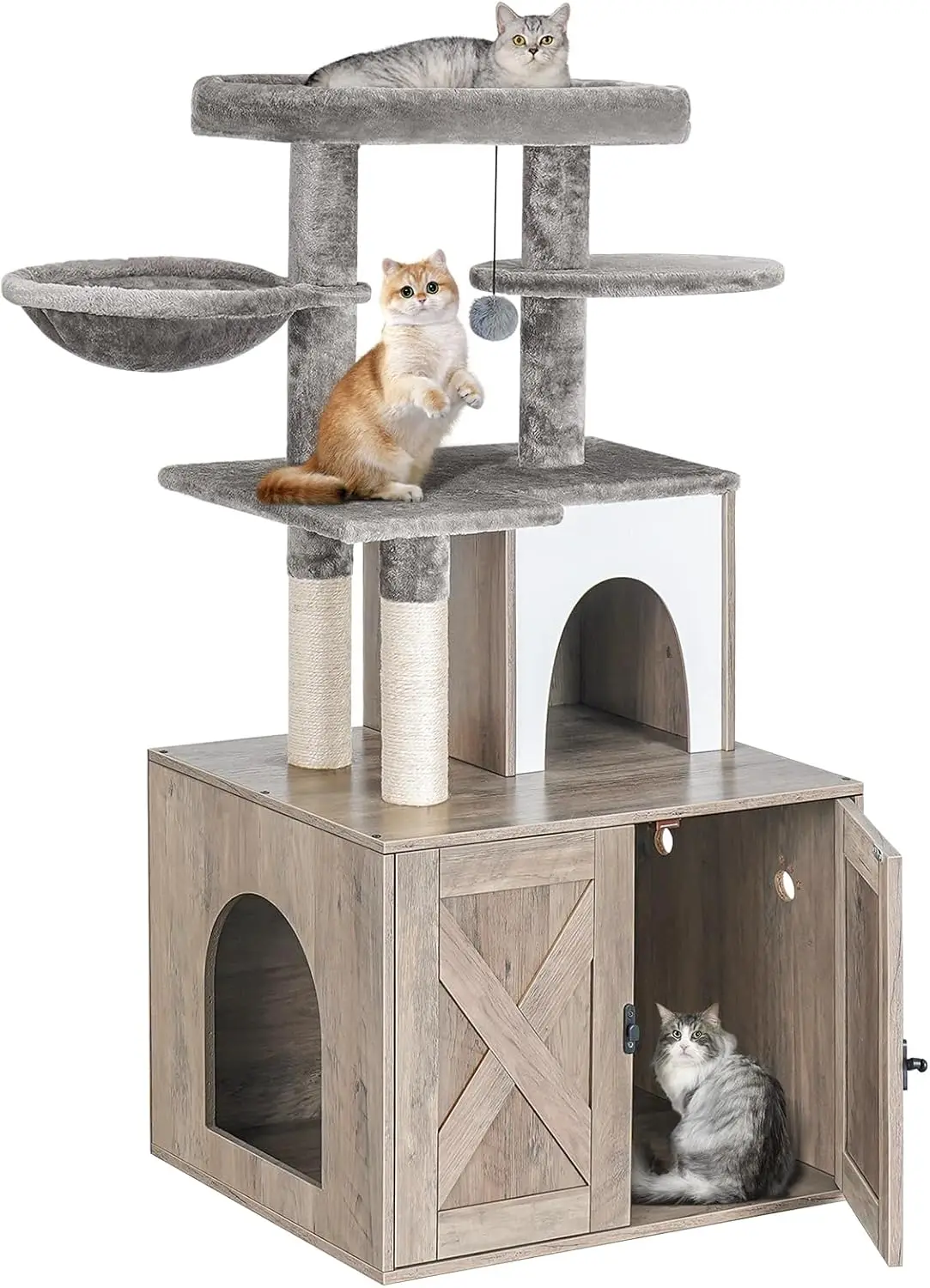 Cat Litter Box Enclosure with Tree Tower and Condo, Hidden Washroom Furniture with Sisal Scratching Post and Soft Plush
Cat Litter Box Enclosure with Tree Tower and Condo, Hidden Washroom Furniture with Sisal Scratching Post and Soft Plush