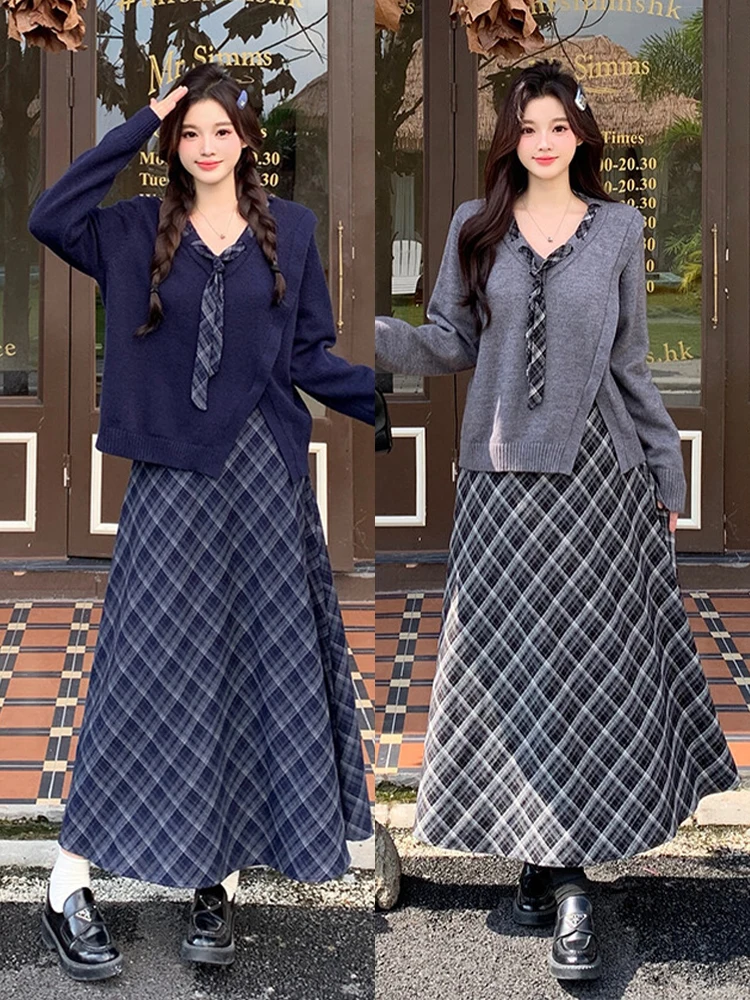 Autumn Winter Plaid Knitted Skirt Set Women's High Waist Long Sleeve V-Neck A-Line Dress Polyester Fiber Casual Commute Style
Autumn Winter Plaid Knitted Skirt Set Women's High Waist Long Sleeve V-Neck A-Line Dress Polyester Fiber Casual Commute Style