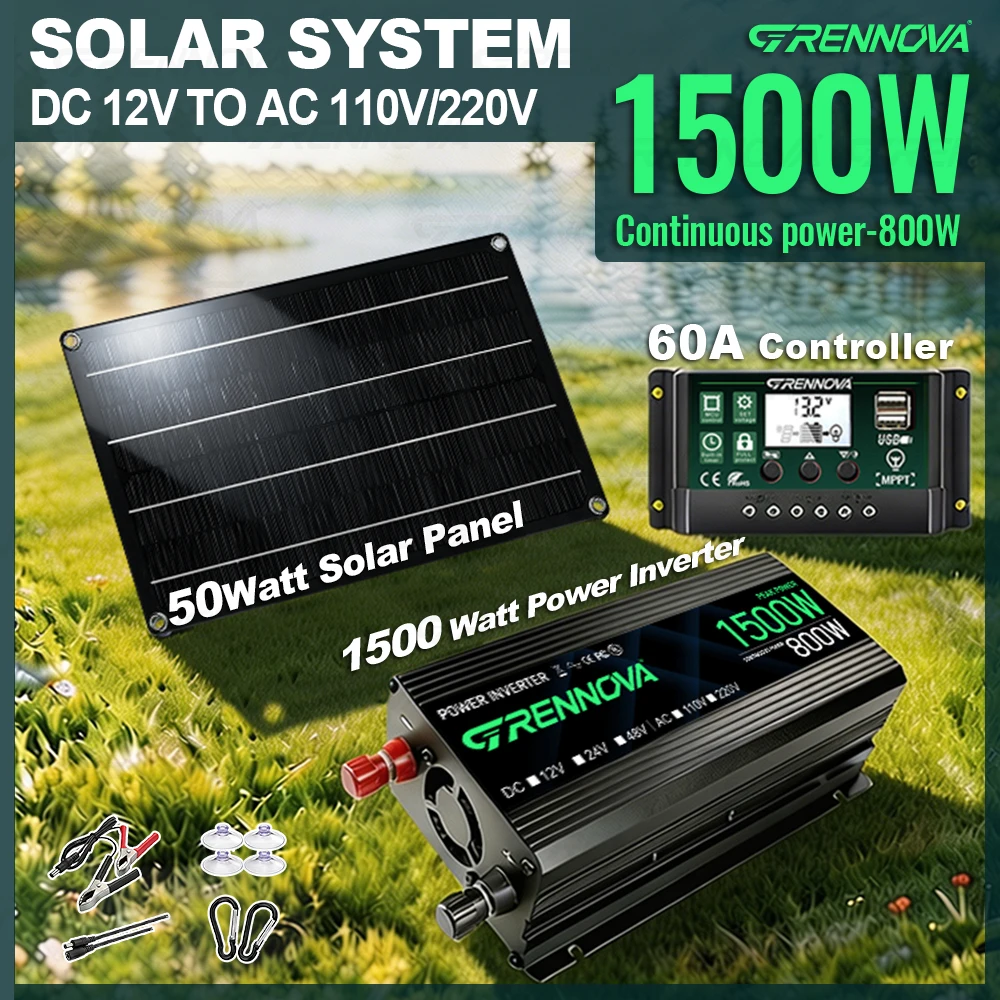 Solar Power System Kit 1500W Inverter 12V To 110V 220V 50W Panel 60A Controller for Charging Phone Powering Coolers Camping Gear
Solar Power System Kit 1500W Inverter 12V To 110V 220V 50W Panel 60A Controller for Charging Phone Powering Coolers Camping Gear
