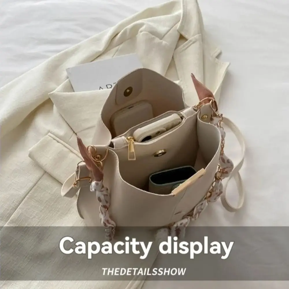 1Pcs PU Leather Bucket Bag Gold Chain Silk Scarf Decor Versatile Crossbody Bag Work Fashion Casual Style Large Capacity 3