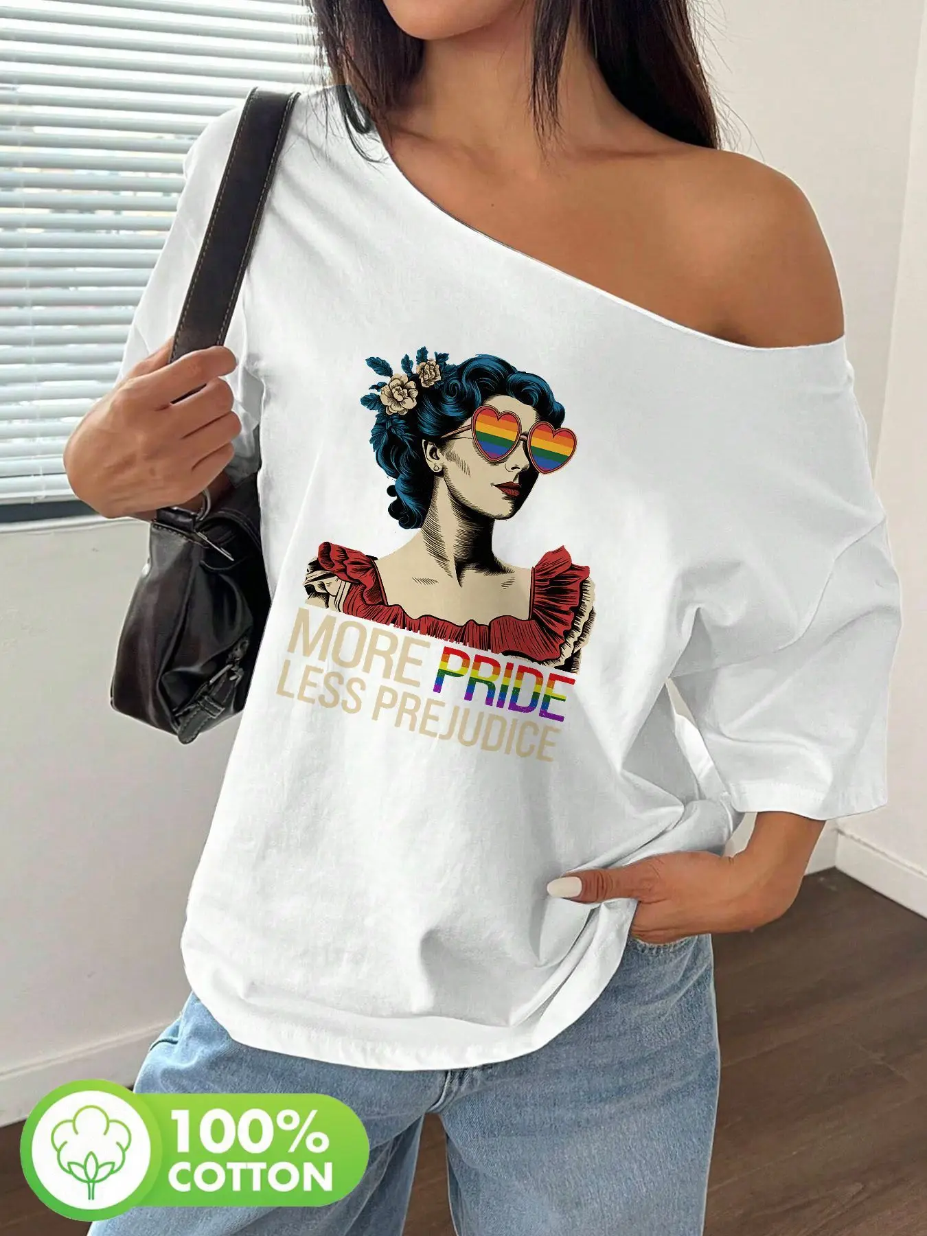 Plus Size Women's Vintage Pride Graphic Tee with Heart Sunglasses and Floral Hair Accessory, Red Ruffled Off Shoulder Y2K Sty
Plus Size Women's Vintage Pride Graphic Tee with Heart Sunglasses and Floral Hair Accessory, Red Ruffled Off Shoulder Y2K Sty