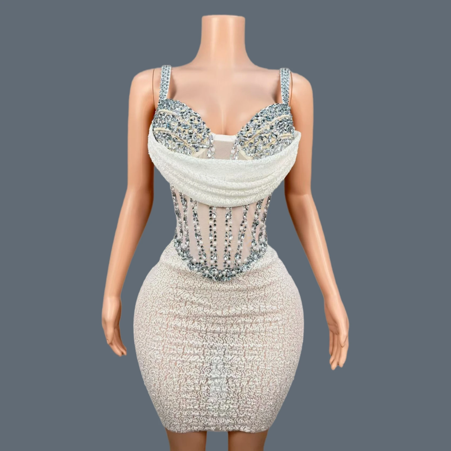 High-end Sparkly Rhinestone White Mini Dress Draped Cowl Bust Mesh Corset Bodycon Outfit Club Stage Cocktail Dress Baishatang
High-end Sparkly Rhinestone White Mini Dress Draped Cowl Bust Mesh Corset Bodycon Outfit Club Stage Cocktail Dress Baishatang