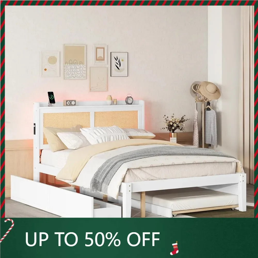 Queen Size Platform Bed with Rattan Headboard, Sockets and 2 Storage Drawers, Elegant Wooden Platform Bed Frame
Queen Size Platform Bed with Rattan Headboard, Sockets and 2 Storage Drawers, Elegant Wooden Platform Bed Frame