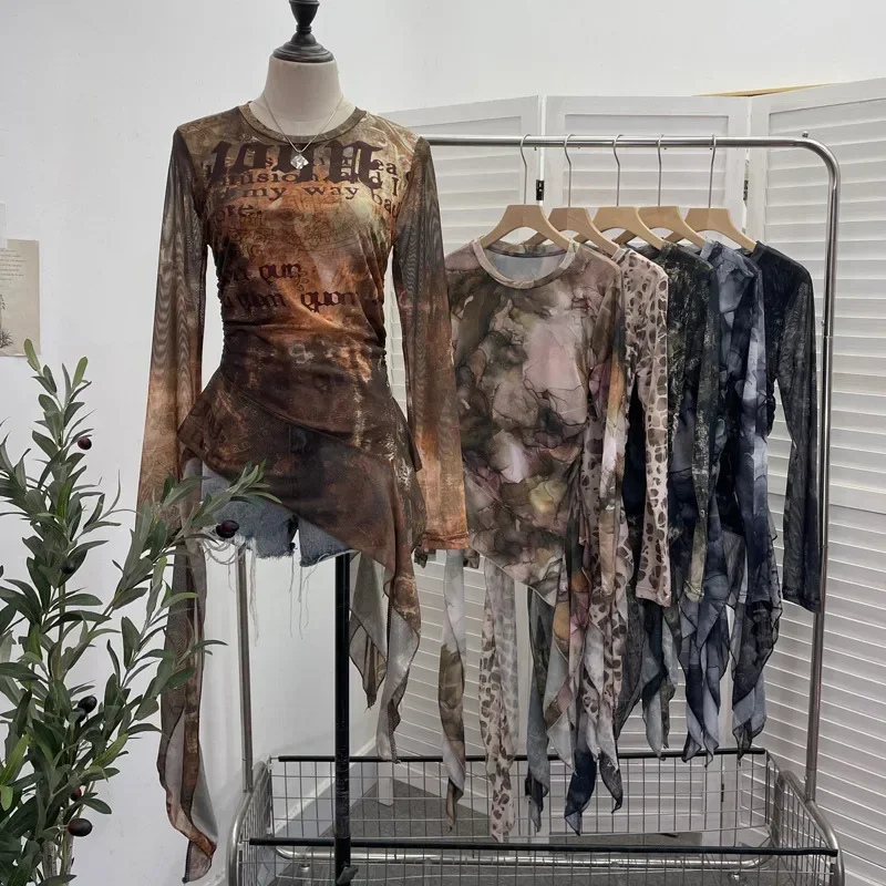 Women Chic Long Sleeve Bottoming Mesh Shirt Sfumato Printed Irregular Ruffled Ribbon Pleated Top Party Essential Streetwear 9998
Women Chic Long Sleeve Bottoming Mesh Shirt Sfumato Printed Irregular Ruffled Ribbon Pleated Top Party Essential Streetwear 9998
