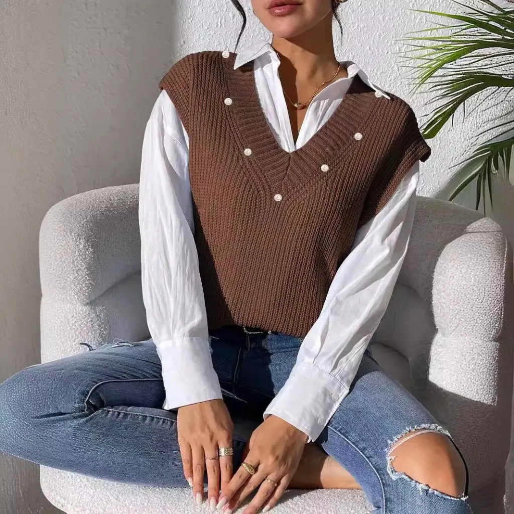 Women's V-Neck Pearl Beaded Sweater Vest European American Style Spring Autumn Simple Machine-Woven Top 
Women's V-Neck Pearl Beaded Sweater Vest European American Style Spring Autumn Simple Machine-Woven Top