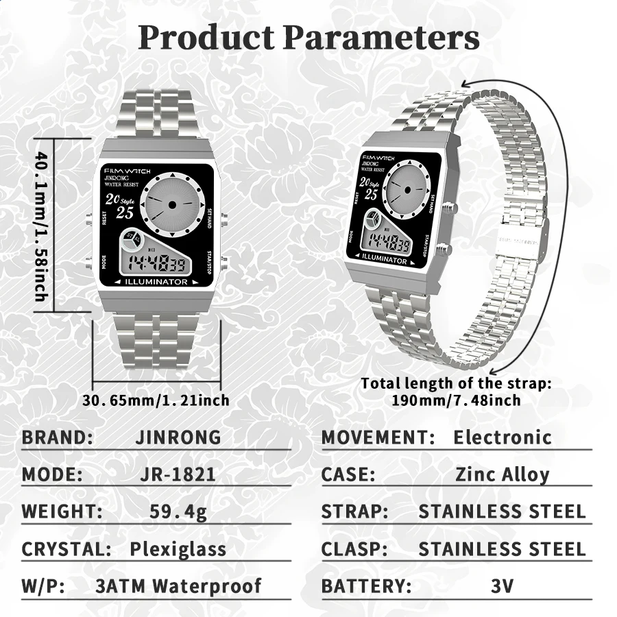 JINRONG 1821 Electronics Watch Casual Fashion Business LED Digital Electronics Watches for Man Waterproof 30 Meters Reloj Hombre
JINRONG 1821 Electronics Watch Casual Fashion Business LED Digital Electronics Watches for Man Waterproof 30 Meters Reloj Hombre