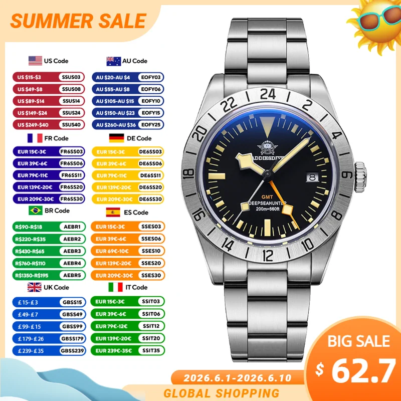 ADDIESDIVE GMT Watch 39mm Multi Time Zone Men's Quartz Watch K1 Bubble Glass 200m Waterproof Retro Luminous Leisure Dive Watches
ADDIESDIVE GMT Watch 39mm Multi Time Zone Men's Quartz Watch K1 Bubble Glass 200m Waterproof Retro Luminous Leisure Dive Watches