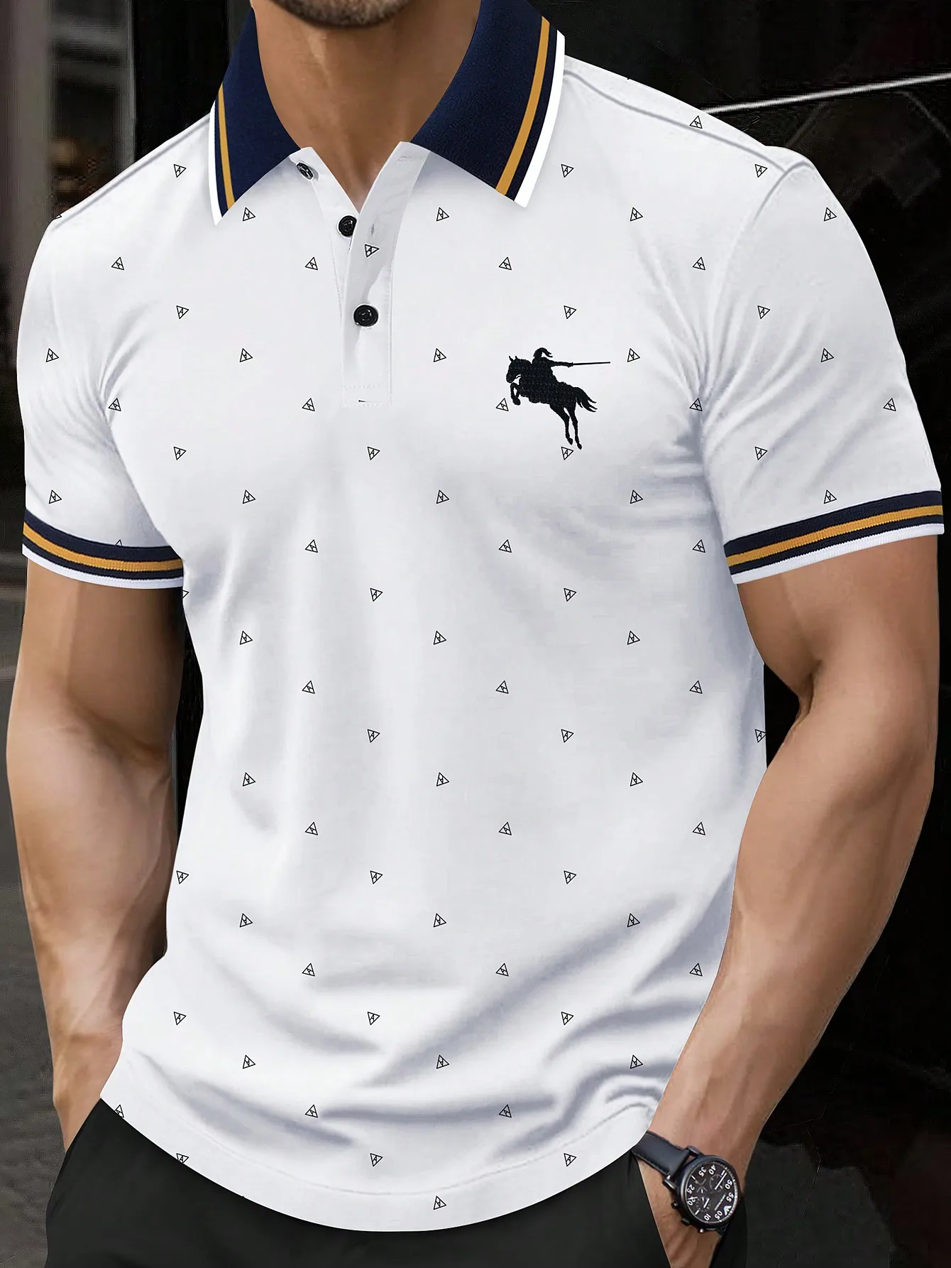 Men's White Polo Shirt with Geometric Print and Contrast Trim
Men's White Polo Shirt with Geometric Print and Contrast Trim