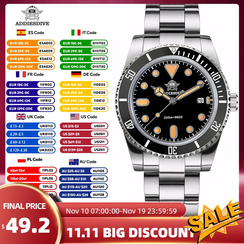 ADDIESDIVE Dive Watch 2115 Quartz Movement Super Bright C3 Lume Ceramic Bezel Bubble Glass 200M Waterproof Ultra-thin Body
ADDIESDIVE Dive Watch 2115 Quartz Movement Super Bright C3 Lume Ceramic Bezel Bubble Glass 200M Waterproof Ultra-thin Body