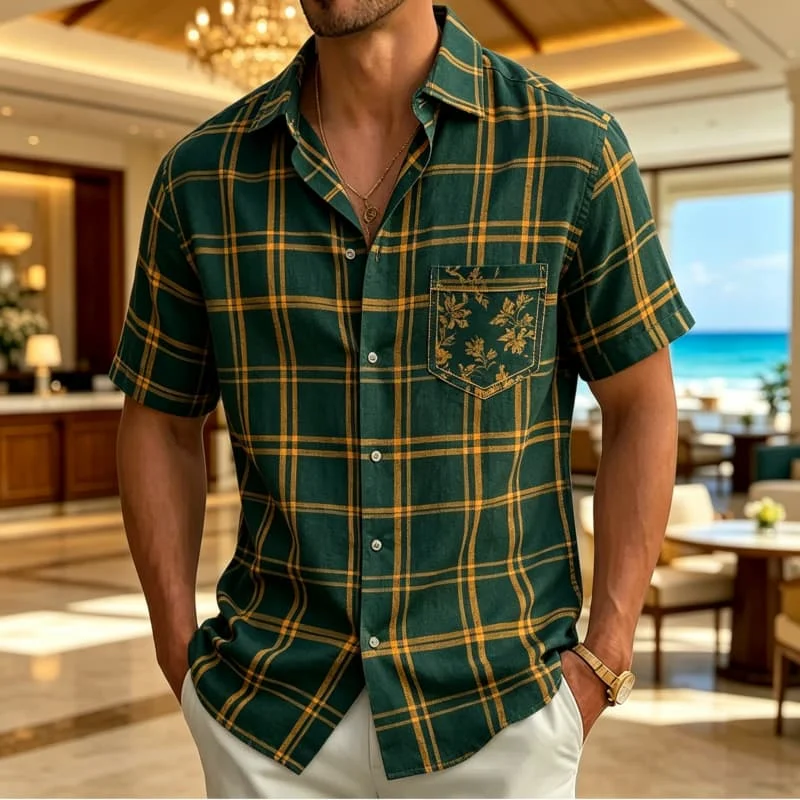 Men's vintage plaid printed vacation short sleeved shirt with pockets, for tropical travel and vintage vintage vintage style
Men's vintage plaid printed vacation short sleeved shirt with pockets, for tropical travel and vintage vintage vintage style