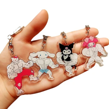 Funny Sanrio Muscle Anime Figure Key Chain Kawaii Hello Kitty Acrylic Keychain Cartoon Kuromi My Melody Cinnamoroll Pompompurin