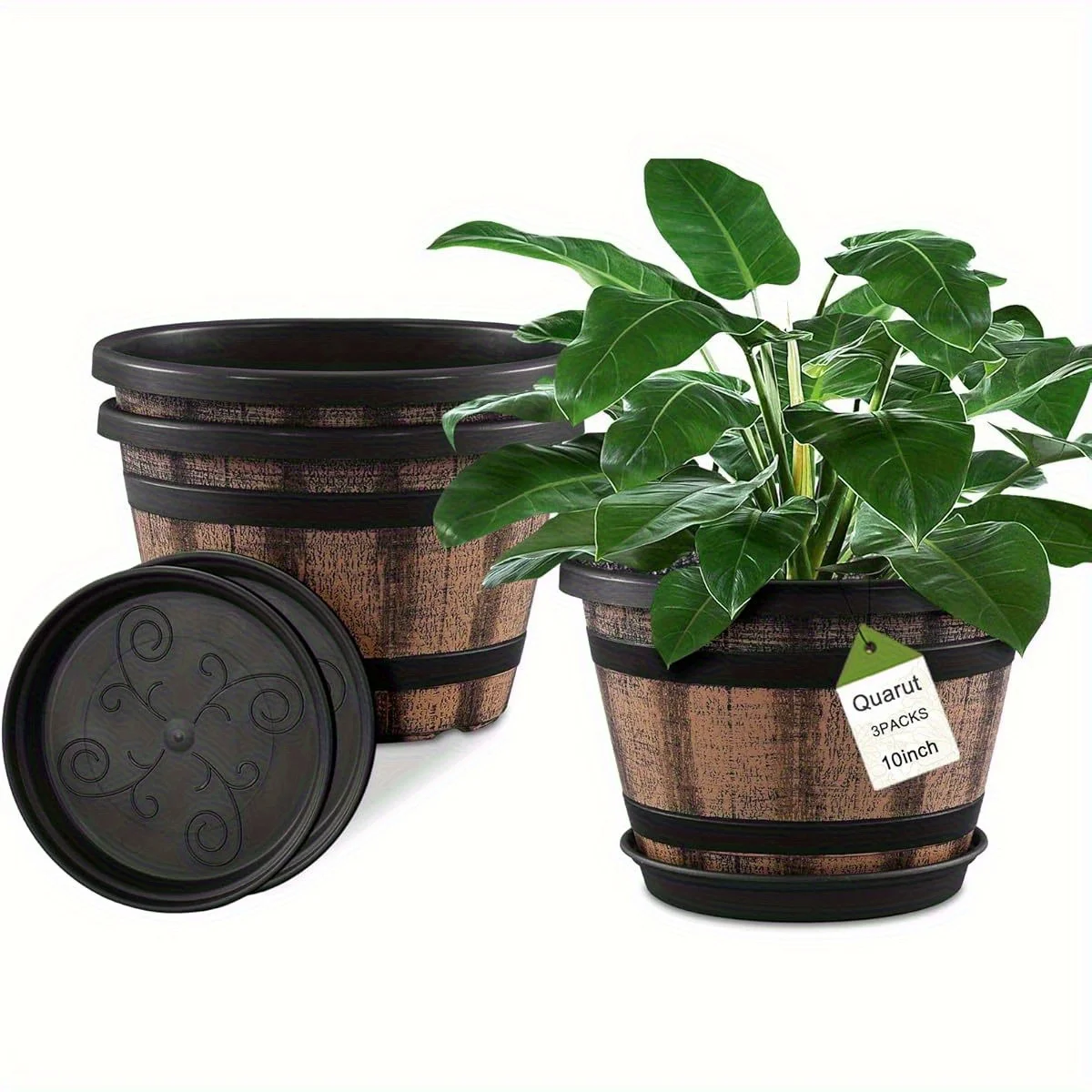 3pcs Set Plastic Whiskey Barrel Flower Pots with Drainage Holes And Tray Imitation Wine Barrel Design Indoor/Outdoor Flower Pots
3pcs Set Plastic Whiskey Barrel Flower Pots with Drainage Holes And Tray Imitation Wine Barrel Design Indoor/Outdoor Flower Pots