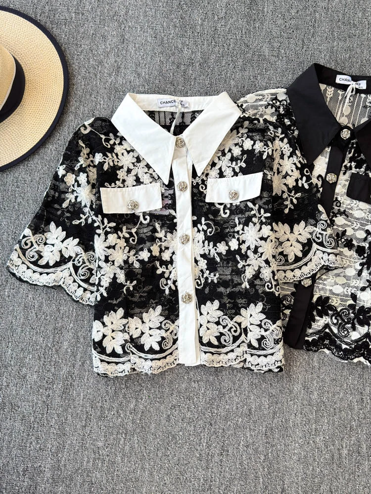 Sli American Lace Trim Summer New See-tough Embroidered European Sle Flip Collar Top Versatile Faionable Jaet Women 
Sli American Lace Trim Summer New See-tough Embroidered European Sle Flip Collar Top Versatile Faionable Jaet Women