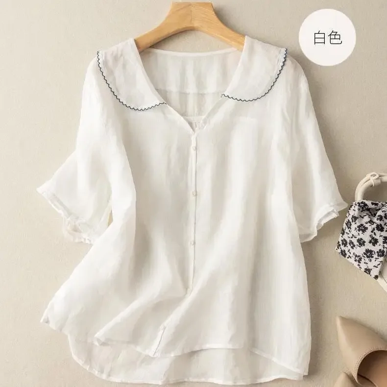 2025 Women Blouse Solid Color Lapel Cotton Linen Short-sleeved Shirt for Women in Summer Loose Slim Linen Top
2025 Women Blouse Solid Color Lapel Cotton Linen Short-sleeved Shirt for Women in Summer Loose Slim Linen Top