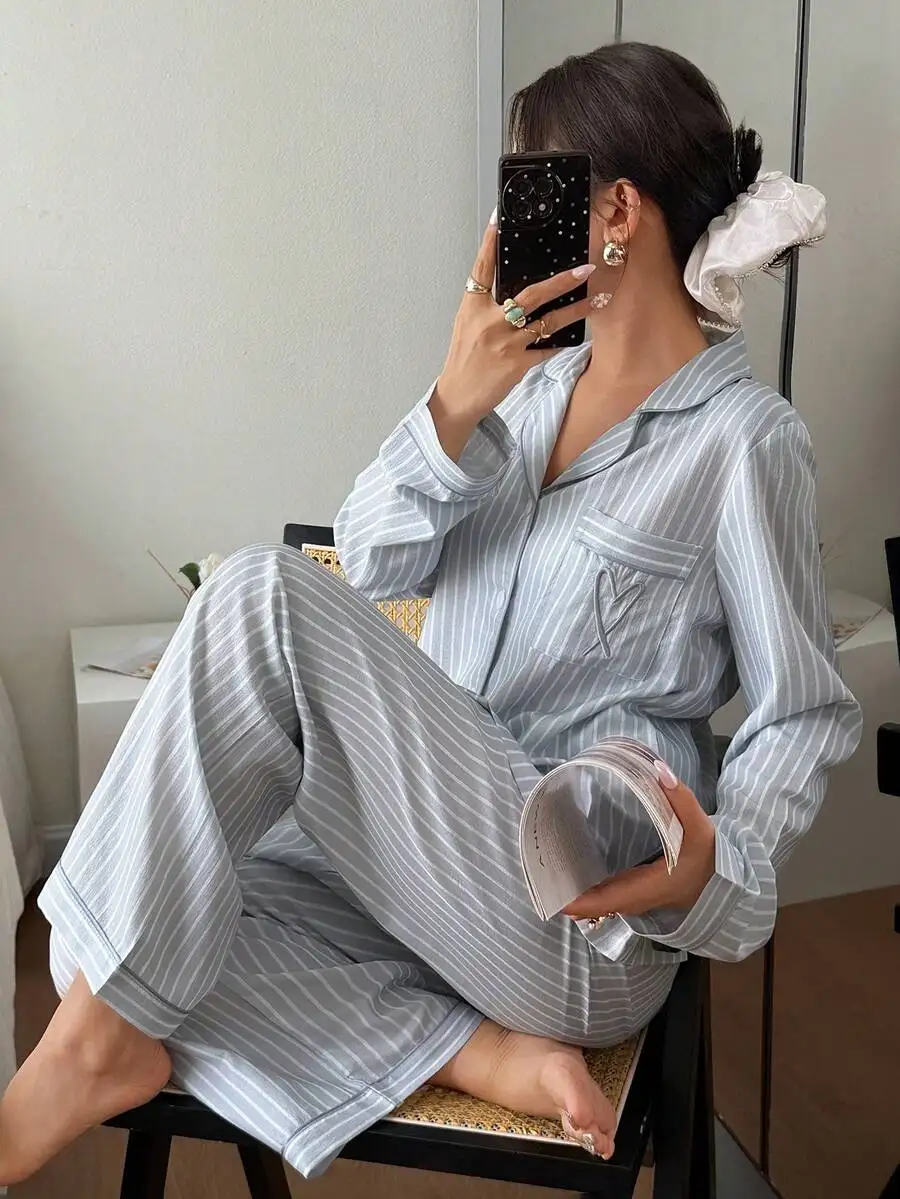 Womens Striped Heart Patchwork Collar Pajama Set Lounge Wear Two Piece Light Blue
Womens Striped Heart Patchwork Collar Pajama Set Lounge Wear Two Piece Light Blue