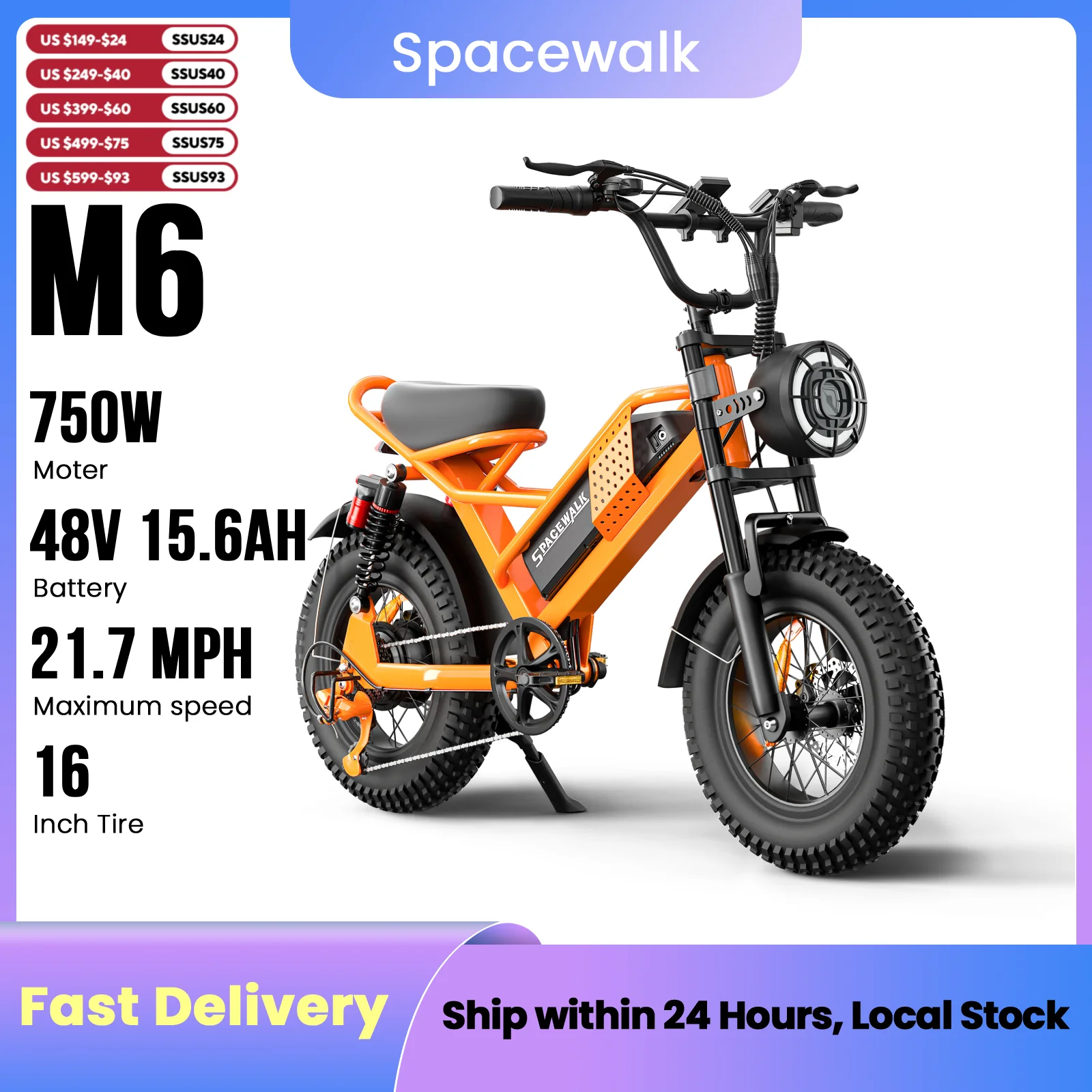 Spacewalk 750W Electric Bike for Adults,21.6MPH 70 Miles,48V 15.6Ah Electric Dirt Bike,16" Fat Tire,6-Speed All Terrain E-Bike
Spacewalk 750W Electric Bike for Adults,21.6MPH 70 Miles,48V 15.6Ah Electric Dirt Bike,16" Fat Tire,6-Speed All Terrain E-Bike