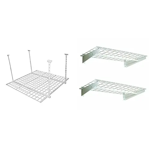 Modular Wire Grid Garage Storage Kit: Overhead Hanging Rack Plus Two Wall-Mount Shelves With Mounting Brackets
Modular Wire Grid Garage Storage Kit: Overhead Hanging Rack Plus Two Wall-Mount Shelves With Mounting Brackets