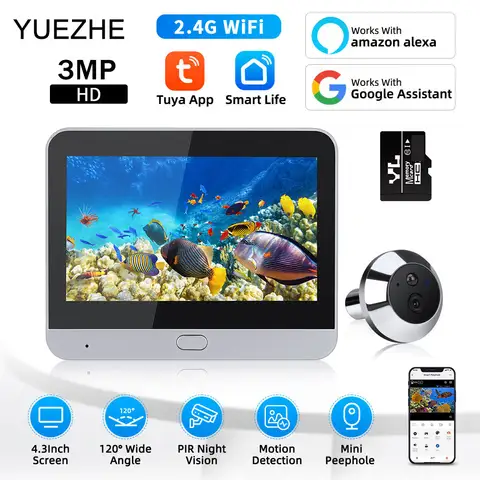 Yuezhe Tuya Smart WiFi 3MP Câmera olho mágico para porta de vídeo Tela de 4,3 polegadas 5000mAh PIR Alarme de movimento Visualizador Alexa para segurança doméstica