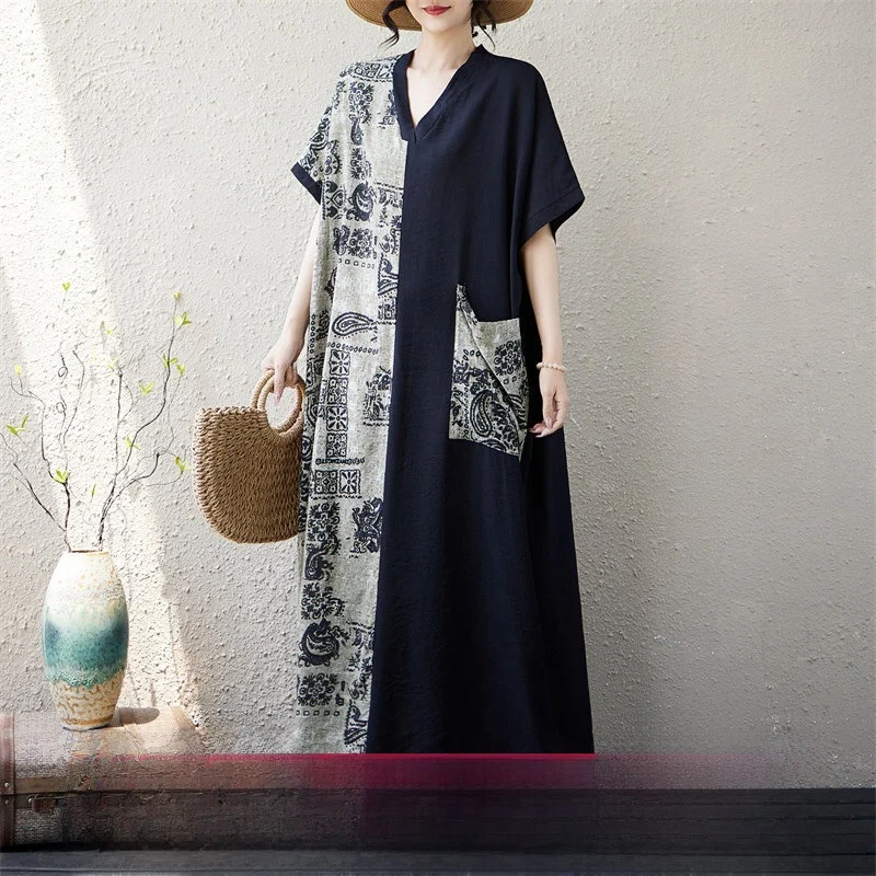 Summer New plus Size Long Cotton Linen V-Neck Short Sleeve Color Block Black Dress Slimming Effect City Walk Artistic Style L...
Summer New plus Size Long Cotton Linen V-Neck Short Sleeve Color Block Black Dress Slimming Effect City Walk Artistic Style L...