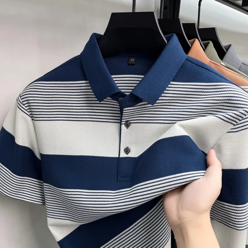 Unique striped color blocked short sleeve polo shirt men new summer soft breathable silk cotton luxury casual fashion T-shirt
Unique striped color blocked short sleeve polo shirt men new summer soft breathable silk cotton luxury casual fashion T-shirt