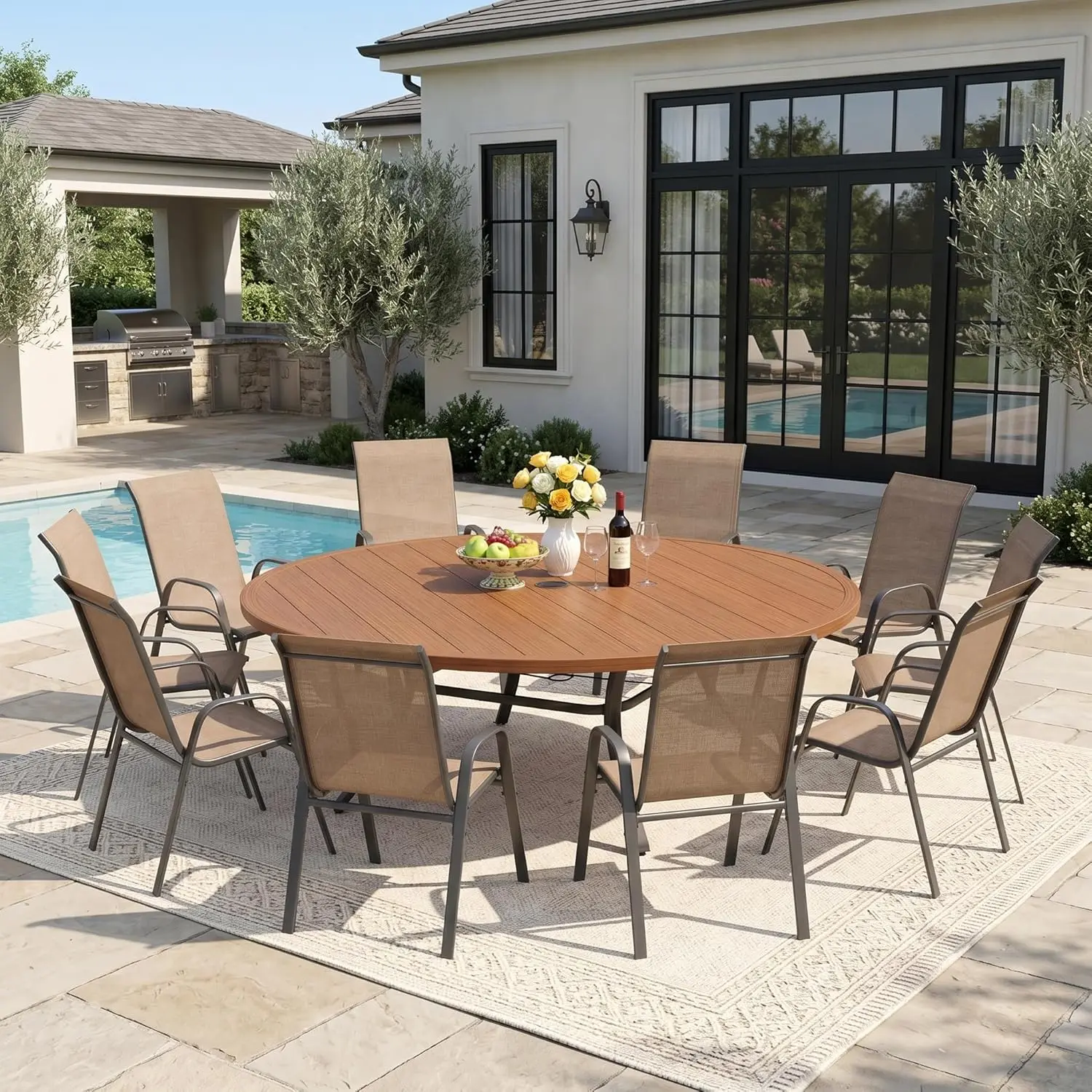 #11 Piece 63" Round Metal Outdoor Dining Set With Stackable Textilene Chairs & Umbrella Hole For Backyard Garden, Customized
#11 Piece 63" Round Metal Outdoor Dining Set With Stackable Textilene Chairs & Umbrella Hole For Backyard Garden, Customized