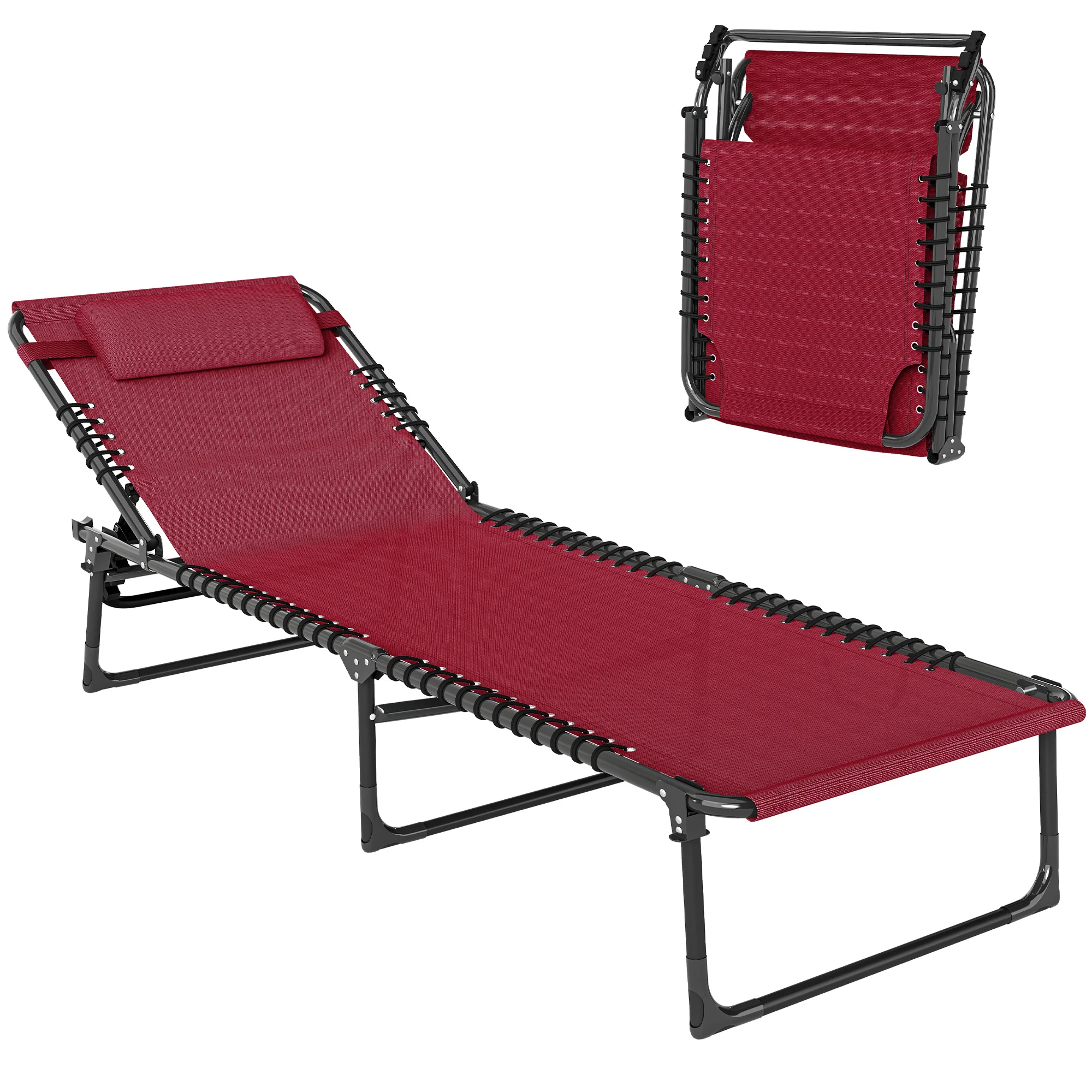 Folding Chaise Lounge Pool Chair with 4-Position Reclining Back, Pillow, Breathable Mesh & Bungee Seat, Wine Red
Folding Chaise Lounge Pool Chair with 4-Position Reclining Back, Pillow, Breathable Mesh & Bungee Seat, Wine Red