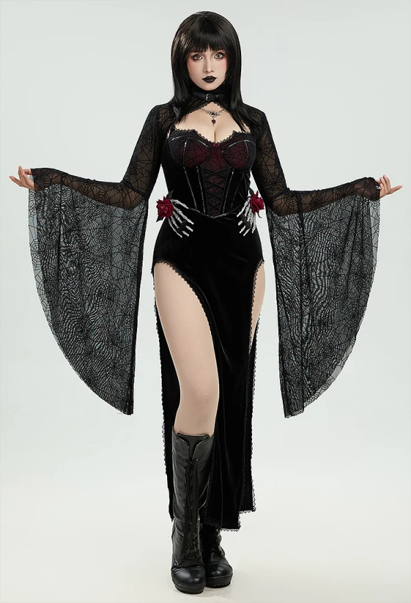 USA MEOWCOS Women Gothic Halloween Dress Black Vampire Slit Dress and Spiderweb Flare Sleeve Cloak with Necklace
USA MEOWCOS Women Gothic Halloween Dress Black Vampire Slit Dress and Spiderweb Flare Sleeve Cloak with Necklace