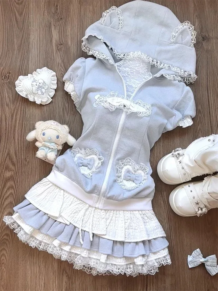 Japanese Sweet Lolita Lovely 2 Piece Set Women Zipper Hooded Tops + Short Cake Skirt New Cute Harajuku Summer Fashion Suit 2025
Japanese Sweet Lolita Lovely 2 Piece Set Women Zipper Hooded Tops + Short Cake Skirt New Cute Harajuku Summer Fashion Suit 2025