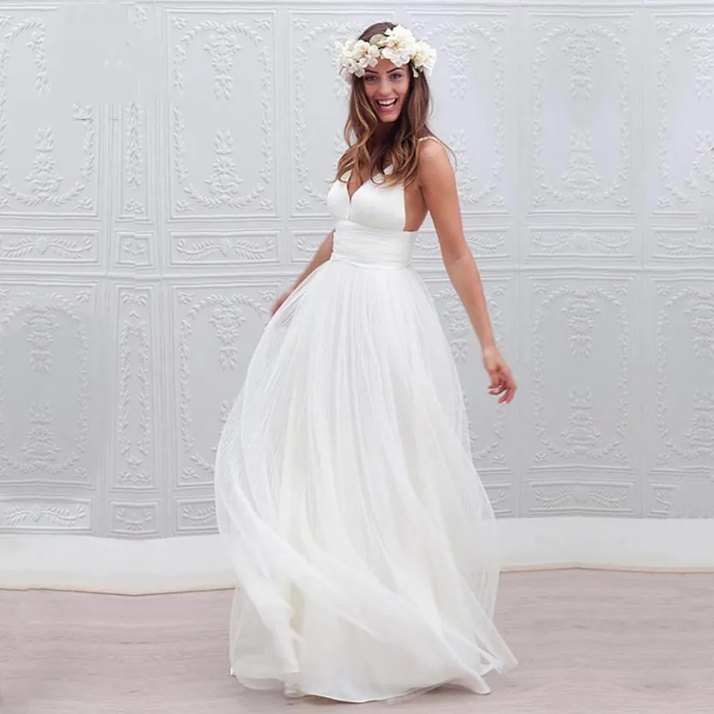 V-hals Spaghettibandjes Beach Trouwjurken Wit Simple Open Back Een Lijn Mouwloze Sweep Trein Bridal Dress Vestido De noiva
V-hals Spaghettibandjes Beach Trouwjurken Wit Simple Open Back Een Lijn Mouwloze Sweep Trein Bridal Dress Vestido De noiva