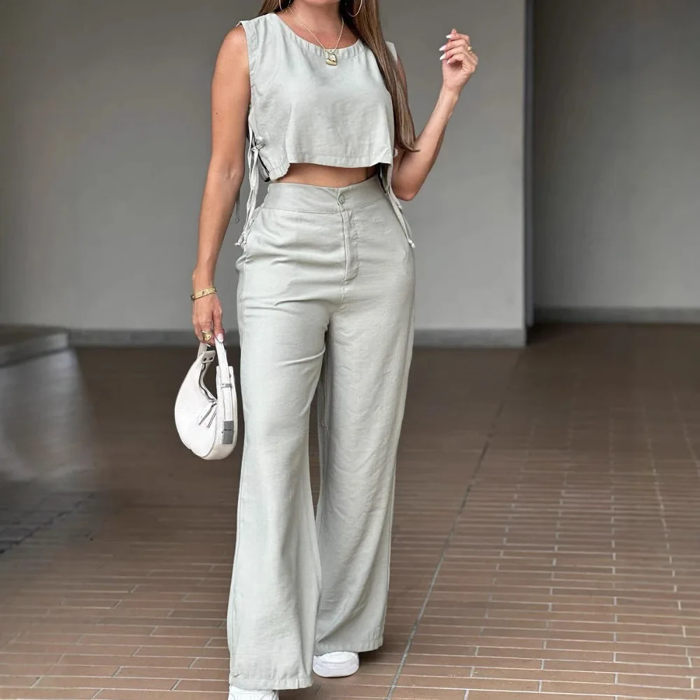 Women 2 Pieces Outfits Round Neck Sleeveless Lace Up Tank and Casual Pocket Design Loose Fit Pants Set
Women 2 Pieces Outfits Round Neck Sleeveless Lace Up Tank and Casual Pocket Design Loose Fit Pants Set