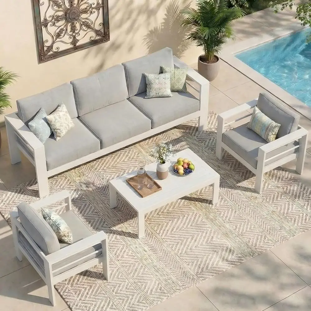Oversized All-Weather Metal Patio Furniture Set with Deep Seat and Cushions, Wide Armrests, White
Oversized All-Weather Metal Patio Furniture Set with Deep Seat and Cushions, Wide Armrests, White