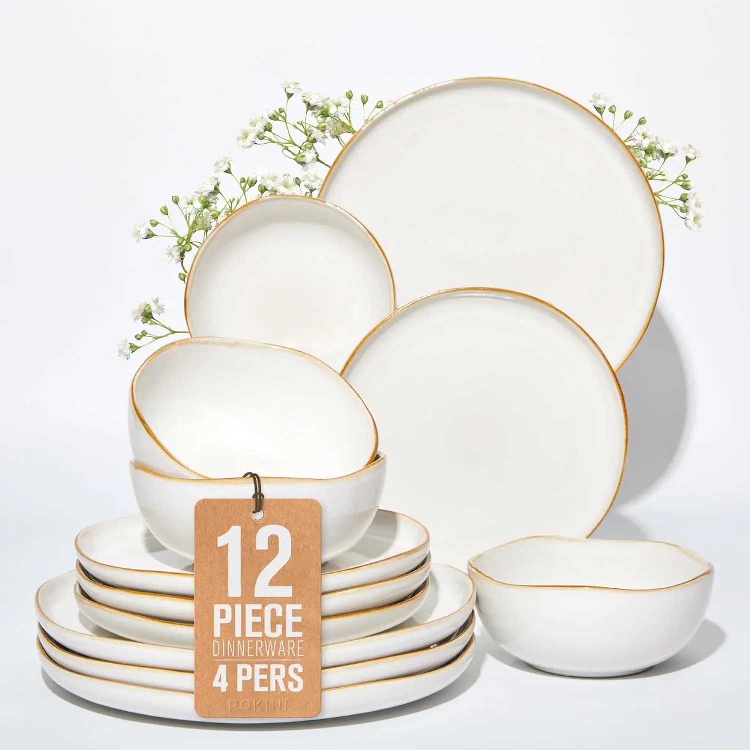 White Ceramic Dinnerware Set for 4 - Stoneware Plates & Bowls, Microwave & Dishwasher Safe, Chip Resistant, Irregular Edge Design
White Ceramic Dinnerware Set for 4 - Stoneware Plates & Bowls, Microwave & Dishwasher Safe, Chip Resistant, Irregular Edge Design