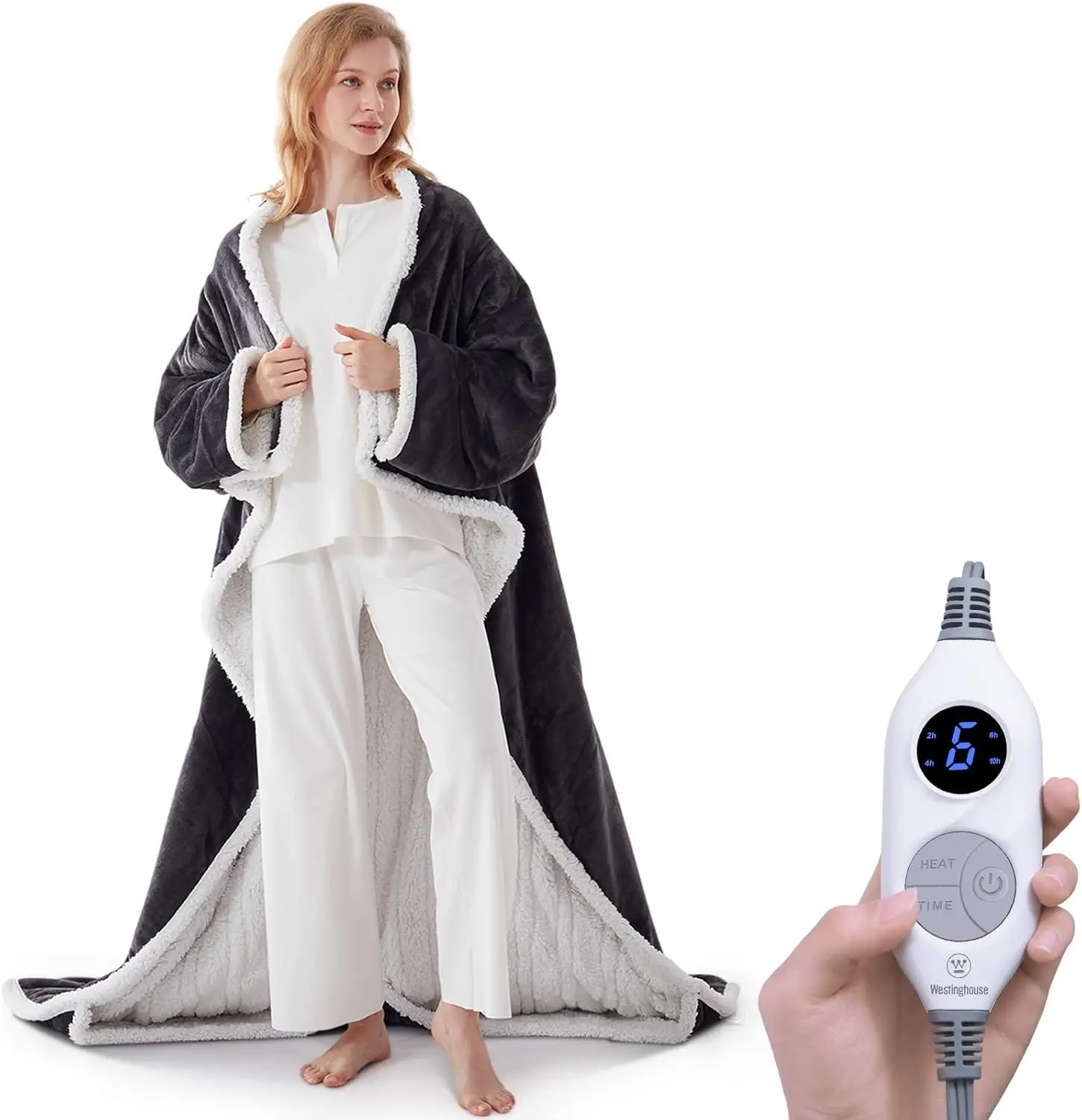 Wearable Heated Blanket with Sleeves & Foot Pocket, 6 Heating Levels, 2-10H Timer, 50"x70"+18", Grey
Wearable Heated Blanket with Sleeves & Foot Pocket, 6 Heating Levels, 2-10H Timer, 50"x70"+18", Grey