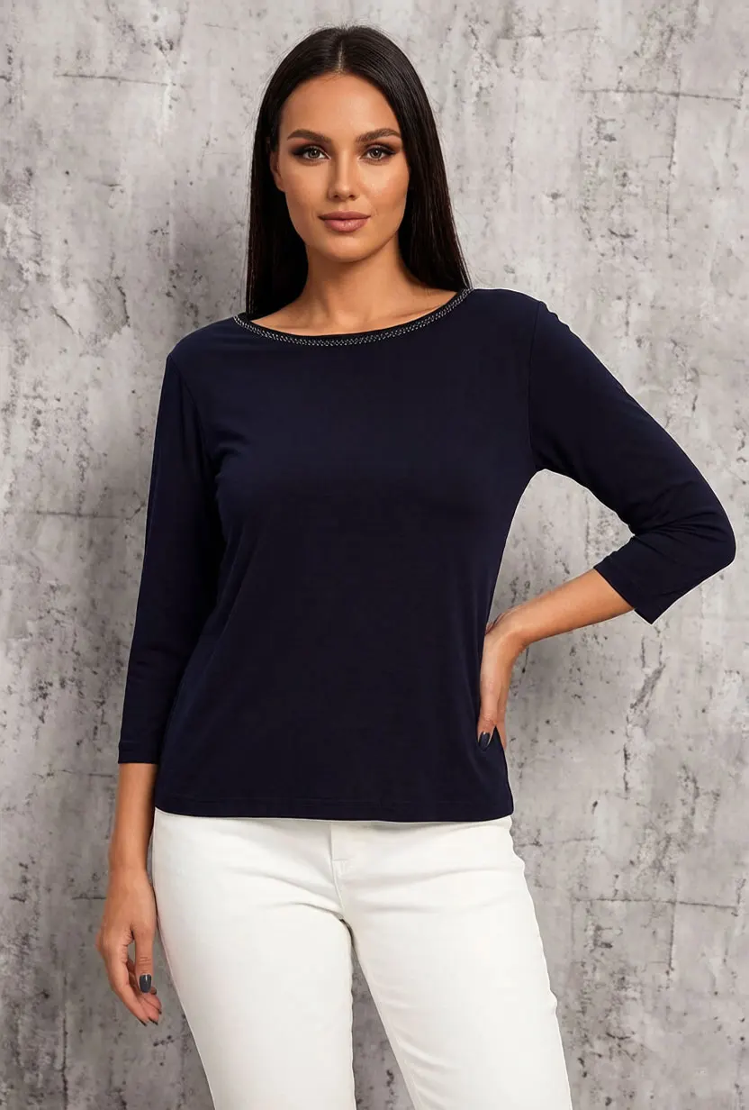 Women Plus Size Rhinestone Round Neck Blouse Navy Blue 3/4 Sleeve Casual Elegant Solid Color Top
Women Plus Size Rhinestone Round Neck Blouse Navy Blue 3/4 Sleeve Casual Elegant Solid Color Top