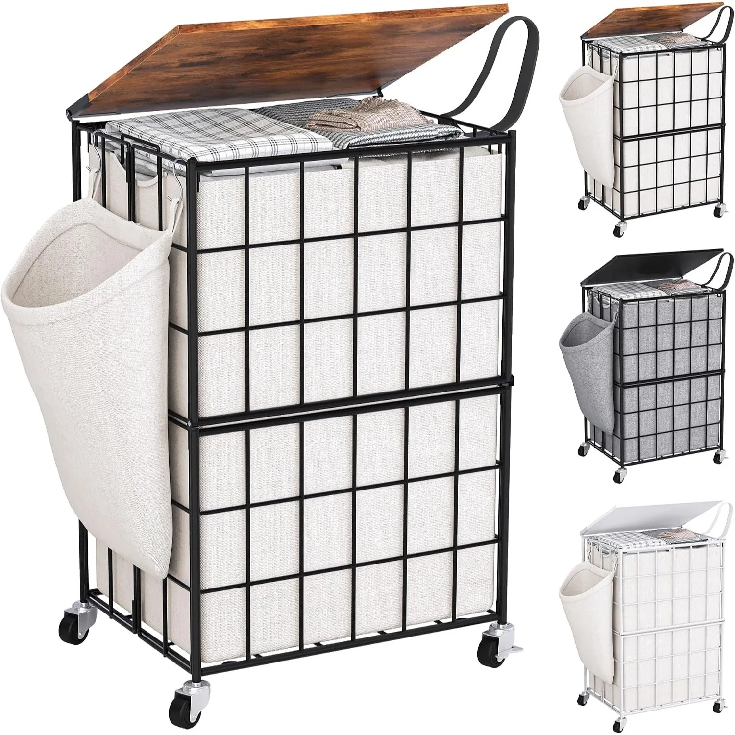 90L Laundry Basket with Wheels, Large Capacity Hamper with Removable Liners, Solid Wood Lid, Leather Handles, Beige
90L Laundry Basket with Wheels, Large Capacity Hamper with Removable Liners, Solid Wood Lid, Leather Handles, Beige