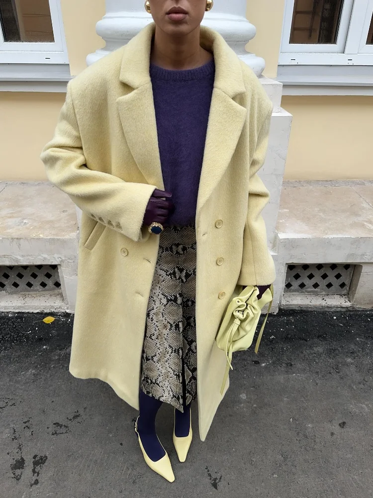 Женское элегантное шерстяное пальто с лацканами, модное желтое однобортное свободное теплое пальто с длинными рукавами, женская зимняя повседневная куртка
Женское элегантное шерстяное пальто с лацканами, модное желтое однобортное свободное теплое пальто с длинными рукавами, женская зимняя повседневная куртка