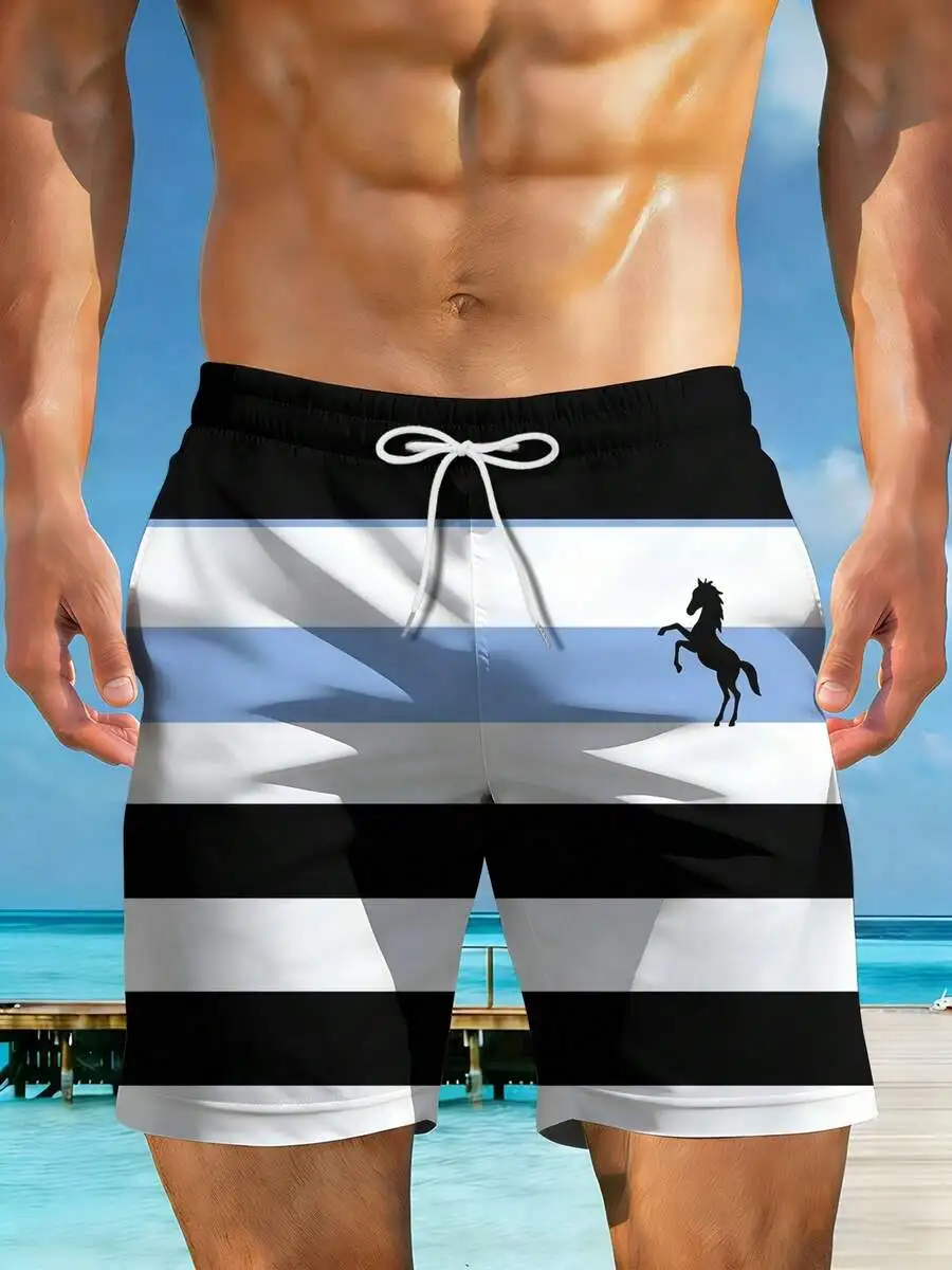 Mens Beach Shorts With 3D Print Black White Stripes And Horse Silhouette
Mens Beach Shorts With 3D Print Black White Stripes And Horse Silhouette