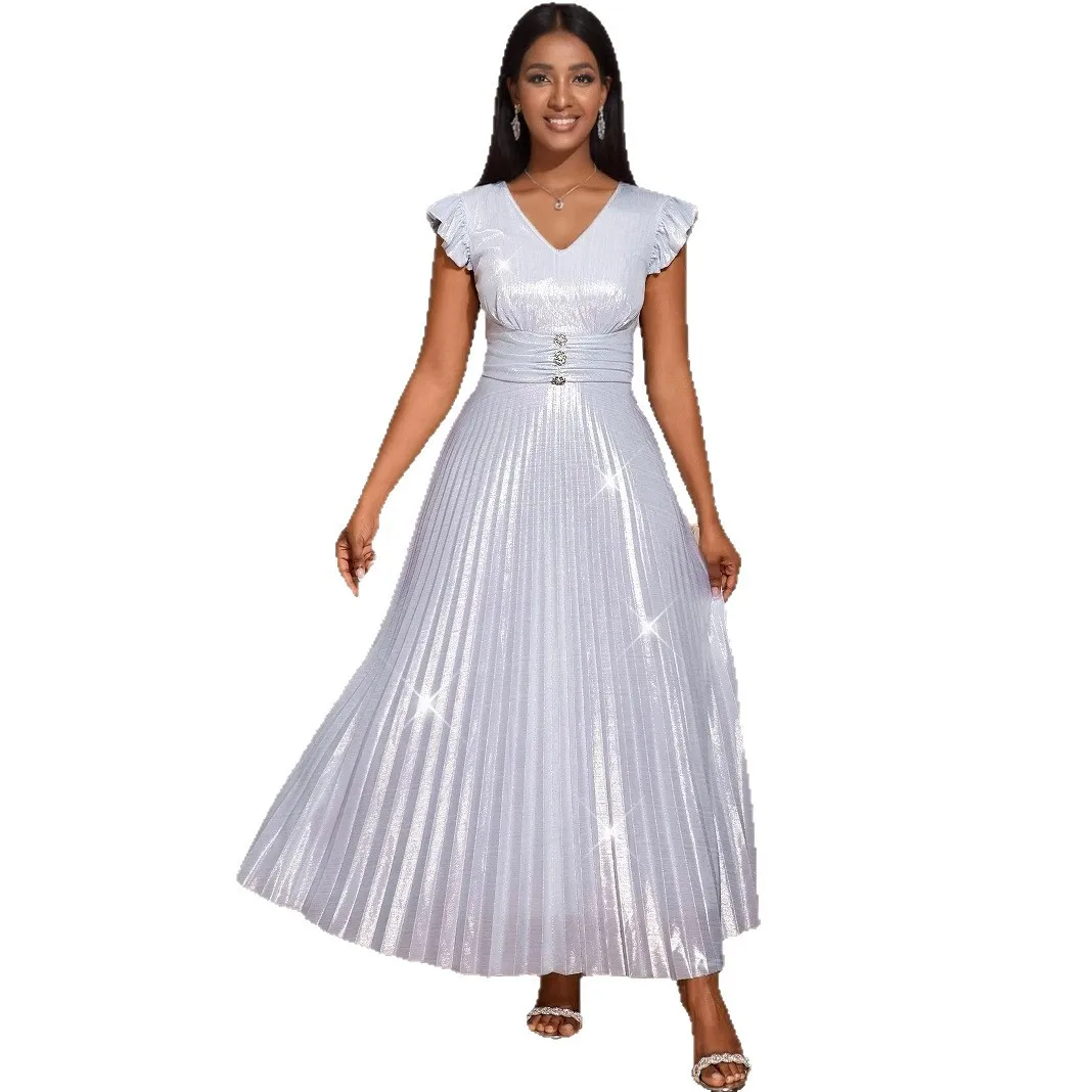 Silver Long Dresses V Neck Sleeveless A Line Pleated Ankle Length Evening Wedding Guest Cocktail Metallic Dress for Ladies
Silver Long Dresses V Neck Sleeveless A Line Pleated Ankle Length Evening Wedding Guest Cocktail Metallic Dress for Ladies