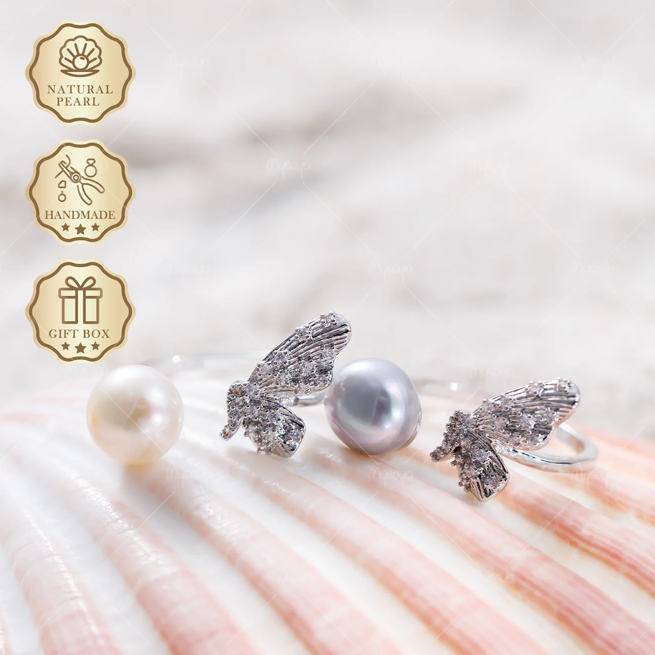 MYSOYA 8-9mm Black/White/Gray Freshwater Pearl Open Ring Silver Butterfly Wing Ring, Gift Box, Wedding Jewelry S482
MYSOYA 8-9mm Black/White/Gray Freshwater Pearl Open Ring Silver Butterfly Wing Ring, Gift Box, Wedding Jewelry S482