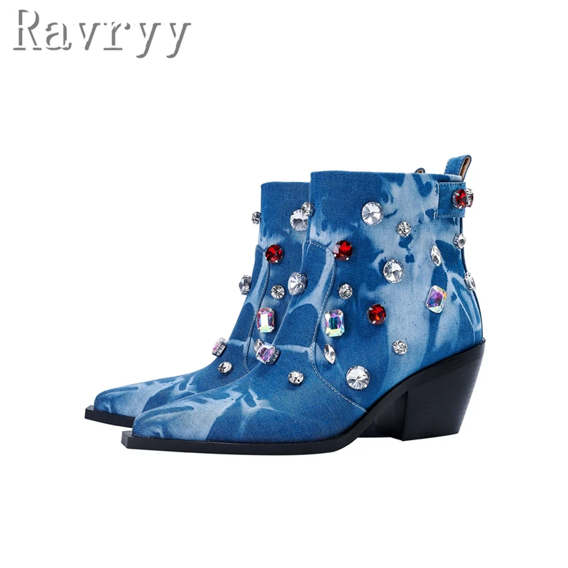Pointed Toe Colorful Rhinestone Short Boots Denim Cloth Thick Heel Fashion Ankle Boots Woman's Autumn Luxury Runway Shoes
Pointed Toe Colorful Rhinestone Short Boots Denim Cloth Thick Heel Fashion Ankle Boots Woman's Autumn Luxury Runway Shoes