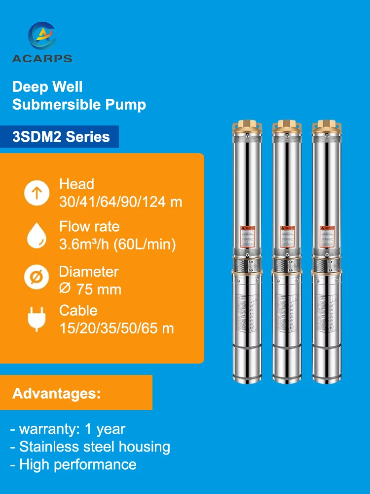 Погружной насос Deep Well Acarps Серия 3SDM2 220 В (60 л/мин, d-75 мм), центробежные скважинные насосы из нержавеющей стали 
Погружной насос Deep Well Acarps Серия 3SDM2 220 В (60 л/мин, d-75 мм), центробежные скважинные насосы из нержавеющей стали