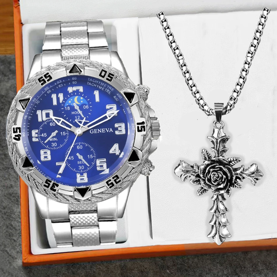 Мужской комплект часов + ожерелье с крестом, модные повседневные кварцевые часы из нержавеющей стали с тремя циферблатами, подарочный набор для выпускного на день отца
Мужской комплект часов + ожерелье с крестом, модные повседневные кварцевые часы из нержавеющей стали с тремя циферблатами, подарочный набор для выпускного на день отца