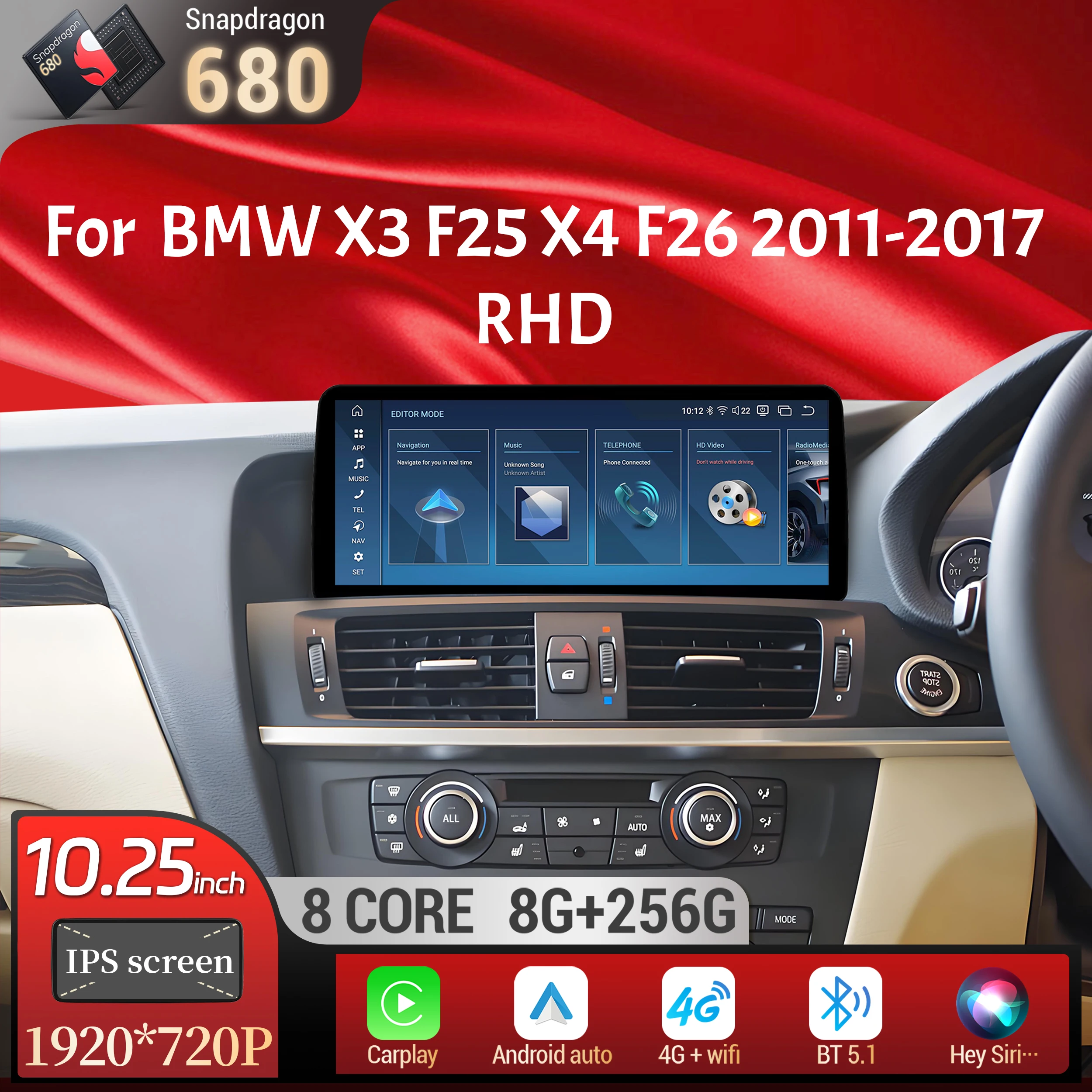 10.25 inch Right Hand Drive Android 14 For BMW X3 F25 X4 F26 2011-2017 Car Radio Wireless BT Carplay Snapdragon 680 Touch Screen
10.25 inch Right Hand Drive Android 14 For BMW X3 F25 X4 F26 2011-2017 Car Radio Wireless BT Carplay Snapdragon 680 Touch Screen