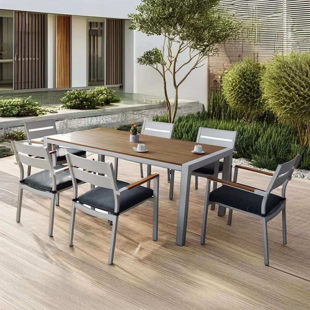 7pcs Modern Luxury Aluminum Dining Table Chair Set 6-Seater Metal Armchair for Outdoor Garden Patio for Hotels & Kitchens
7pcs Modern Luxury Aluminum Dining Table Chair Set 6-Seater Metal Armchair for Outdoor Garden Patio for Hotels & Kitchens