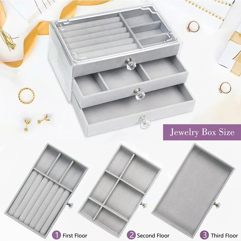 Acrylic Velvet Jewelry Organizer with 3 Drawers Stackable Display Storage Earrings Necklace Bracelets Box Holder Case for Women
Acrylic Velvet Jewelry Organizer with 3 Drawers Stackable Display Storage Earrings Necklace Bracelets Box Holder Case for Women
